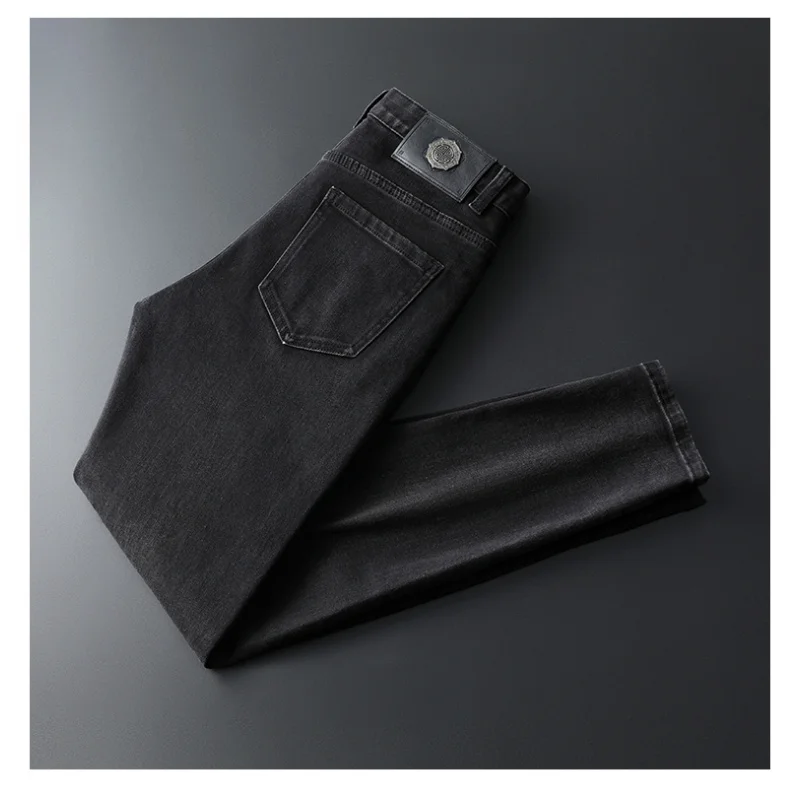 Padrão jeans preto moda masculina impresso roupas masculinas personalidade de rua estiramento fino ajuste pés pequenos calças jeans apertadas