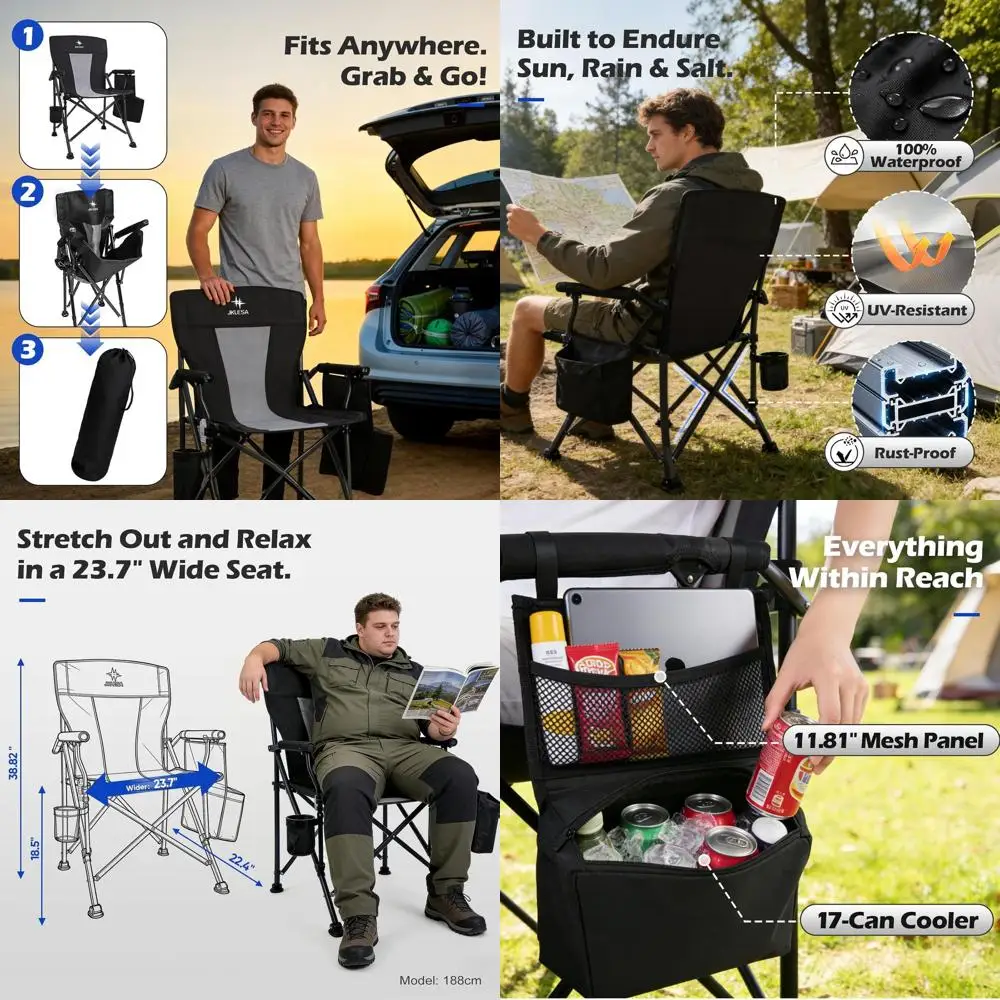 

Сверхпрочное кресло для кемпинга с грузоподъемностью 180 кг, сиденье шириной 60 см, из прочной ткани Оксфорд, портативное кресло для пляжа и отдыха на природе, черно-синее