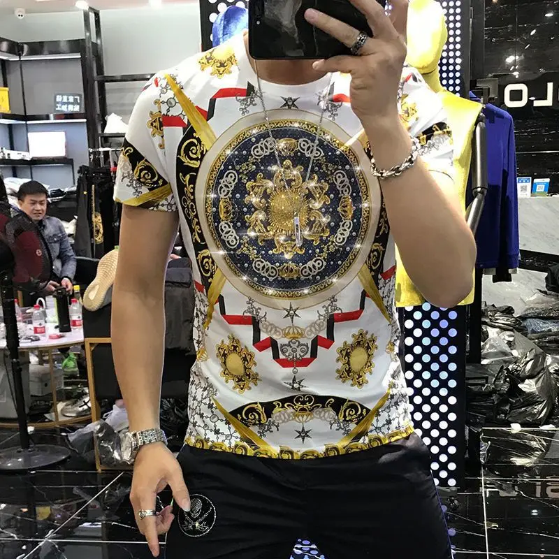 Men\'s summer new ice silk hot drill slim short sleeve T-shirt tide brand fashion handsome half sleeve jacket