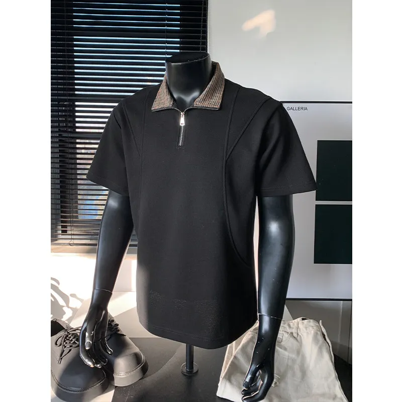 Men's Fashion Plaid Collar Half Zip Polo Shirt 2026 Summer Casual Short Sleeve Streetwear Tops