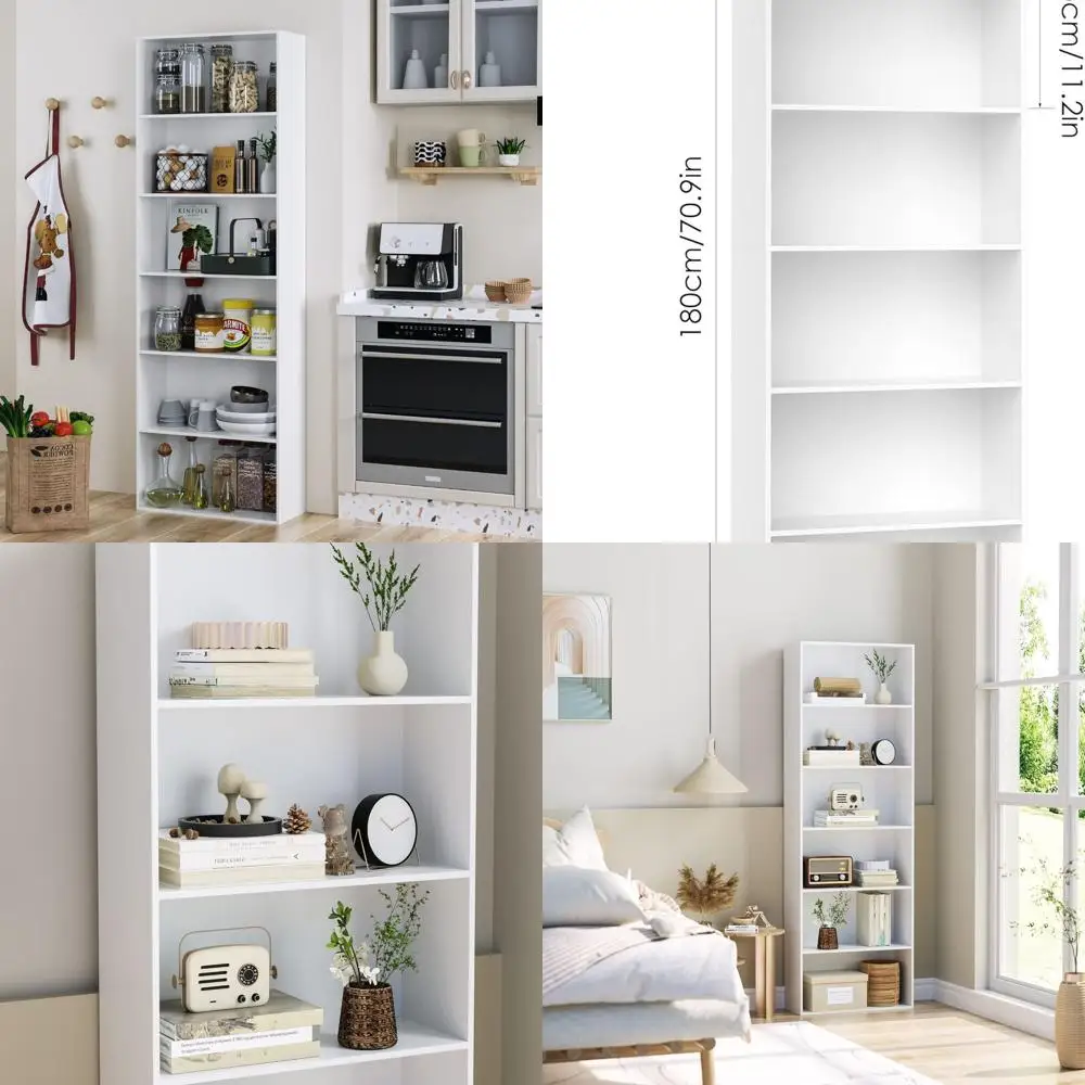 خزانة كتب مفتوحة ورف كتب مكون من 6 طبقات، أرفف تخزين عرض قائمة بذاتها، خزانة كتب طويلة لغرفة النوم وغرفة المعيشة والمكتب، أبيض #1