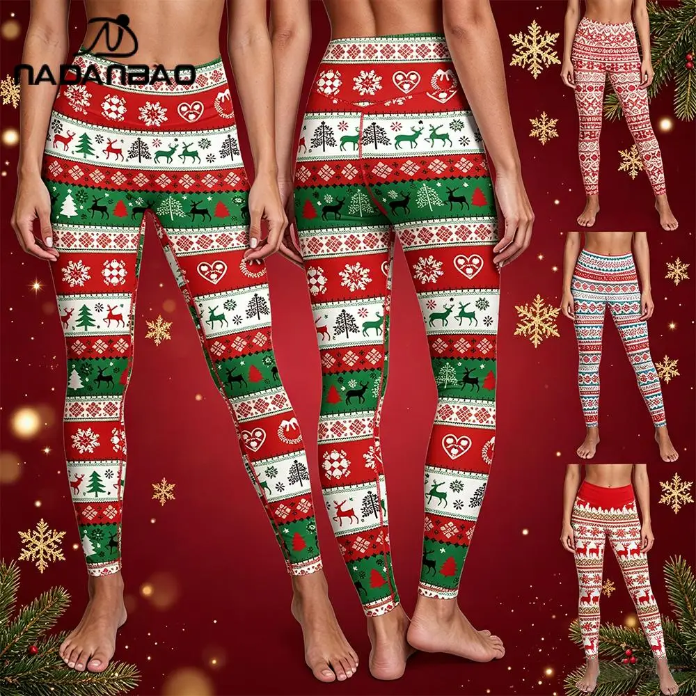 Nadanbao Fashion Fair Isle Print Leggings Women's Christmas High Waist Trousers Elastic Yoga Pants Holiday Party Casual Bottoms