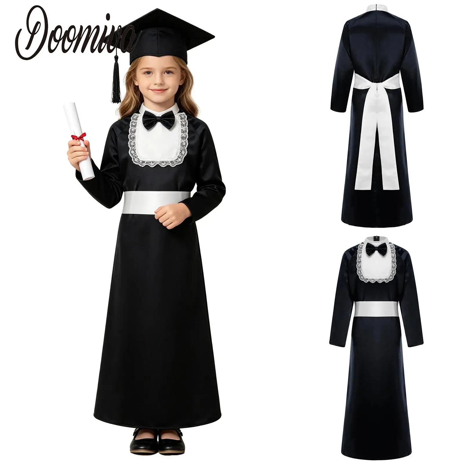 Kids Girls Boys Choir Graduation Outfit Robe Long Sleeve Lace Trim Bow Zipper Dress with Belt for Church Event Halloween Party