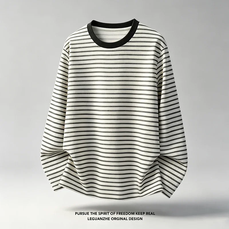 Men Striped Long Sleeve T Shirt Crew Neck Loose Fit Casual Basic Tee Soft Breathable Daily Wear Autumn Winter Tops image 2