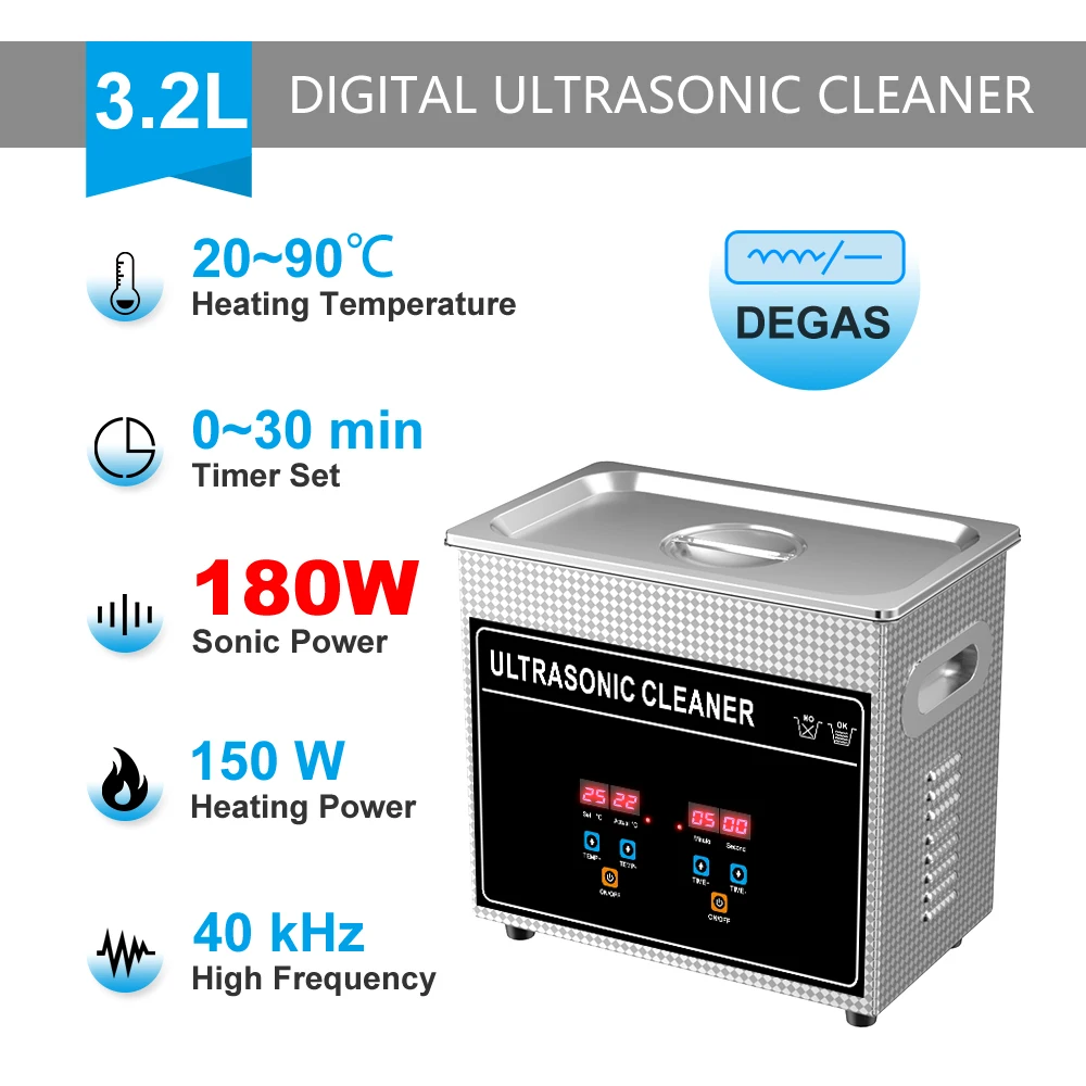 180W Ultrasonic Cleaner 3.2L with Digital Panel Degas Timer Heater SUS 304 TANK,For Cleaning Jewelry,Silver,Eyeglasses For 220V