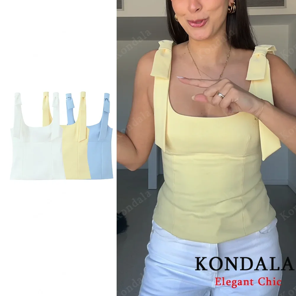 

KONDALA женские сексуальные топы на бретельках желтого, белого и синего цвета с галстуком-бабочкой, новинка 2025, летняя осенняя мода, праздник, очаровательный топ для вечеринки и свидания