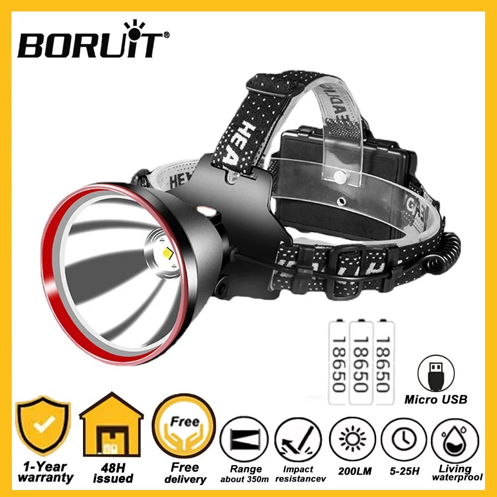 BORUiT 5000LM Powerful LED Headlamp 18650 Battery USB Rechargeable Headlight Waterproof Work Torch Fishing Light Camping Lantern