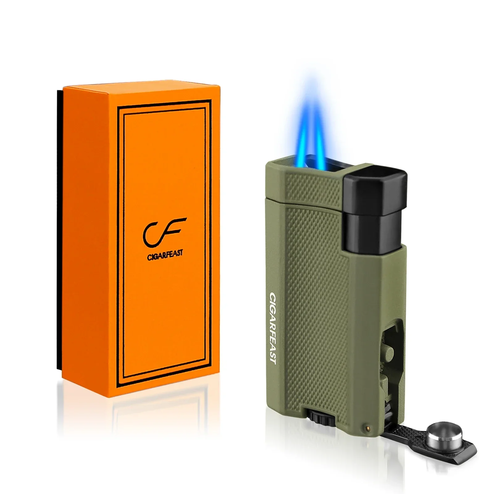 CIGARFEAST Windproof Cigar Lighter 2 Jet Torch Blue Flame Gas Butane Lighters with Gift Box Cigar Holder Smoking Accessories