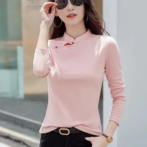 Chinese style pure cotton long sleeved T-shirt for women's spring and autumn new style, fashionable socialite button up collar t