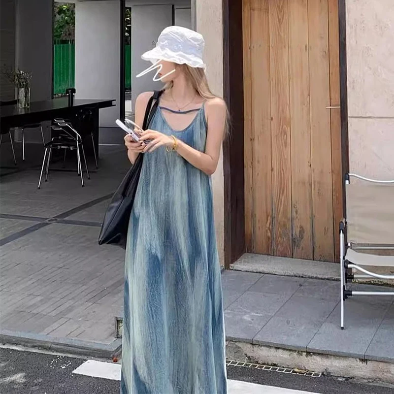 Summer French Tie Dye Print Women Suspenders Dress Loose Sweet Lazy Style Fashion Casual Seaside Vacation Beach Long Skirt Blue