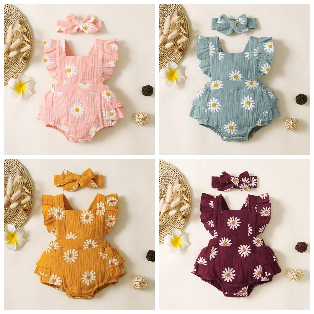 0-18 Months Newborn Baby Girl Romper Clothes Ruffle Sleeveless Bodysuit with Headband Summer Jumpsuit Fashion Cute Infant Outfit