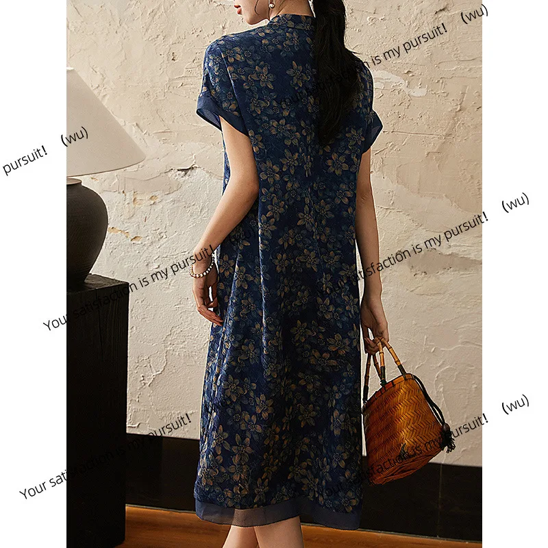 100％桑絹の花模様、羅香雲糸、新中国風シルク改良チャイナドレス、女性用Sサイズ