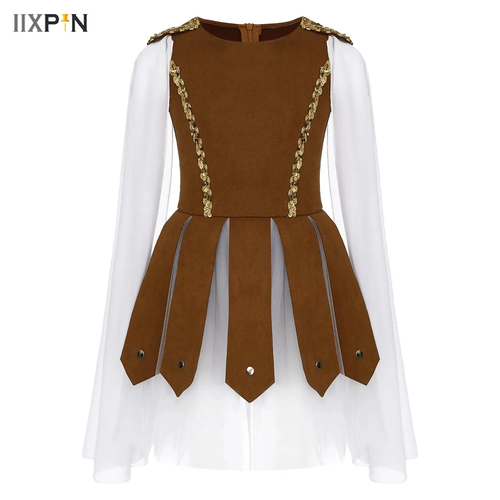 

Girls Roman Soldier Gladiator Costume Shiny Sequins Round Neck Flying Sleeve Puffy Dress for Halloween Christmas Party Role Play