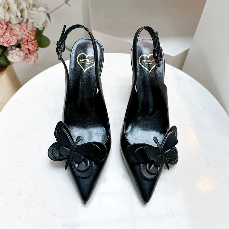 2025 Spring/Summer New High end Butterfly Decorative Pointed Shoes with Empty Lace at the Back, Elegant Stiletto Heels, Sandals