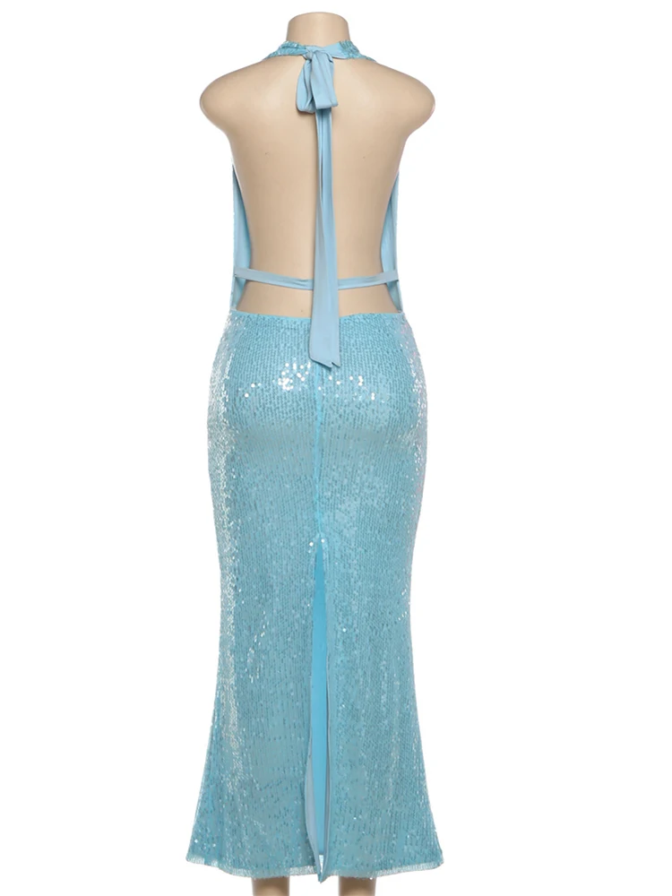 Nibber سوينغ طوق الترتر المرقعة فساتين طويلة امرأة ضمادة الرسن عارية الذراعين ثوب رداء منتصف الليل حفلة موسيقية أنيقة Vestidos