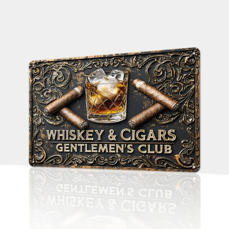 

1pc Vintage Whiskey & Cigar Aluminum Metal Sign, Elegant Retro Wall Art with Ornate Frame & Cursive Script for Home Decor