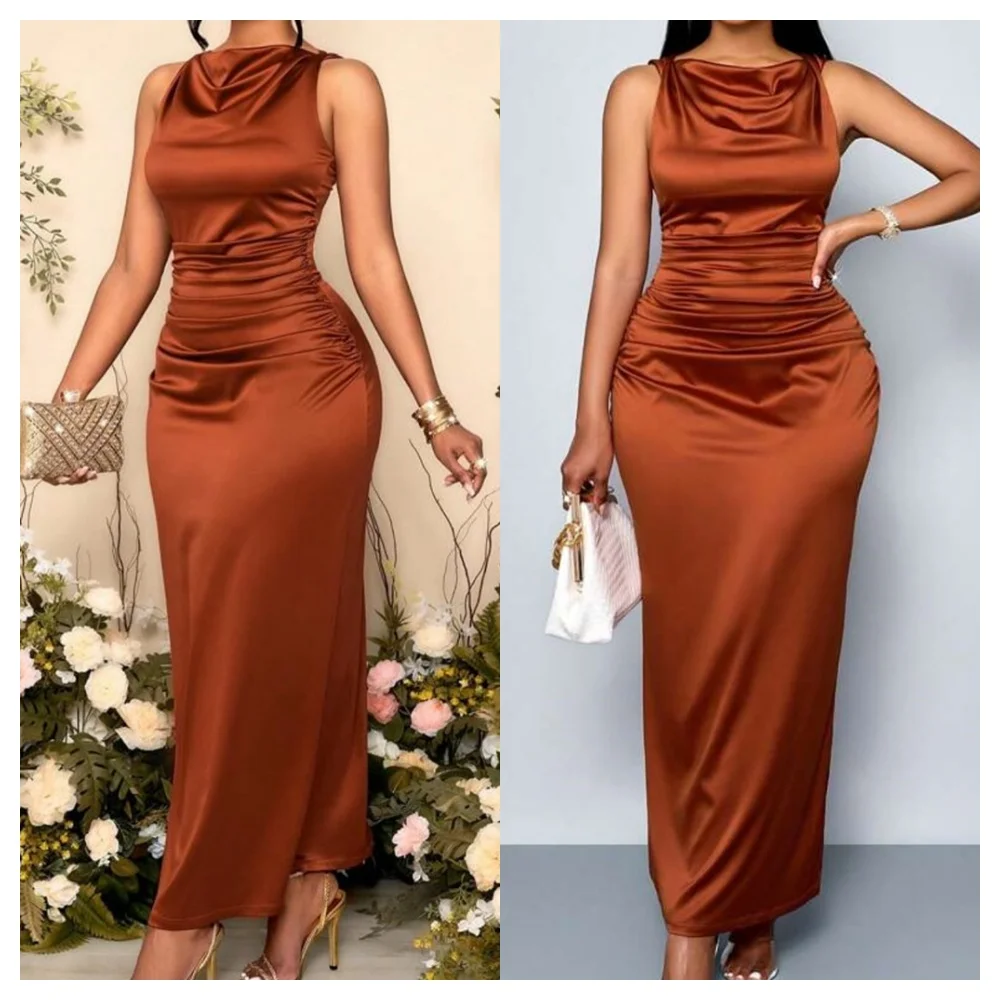 

Customized Graceful Satin Evening Dress Temperament Square Collar Spaghetti Straps Sleeveless