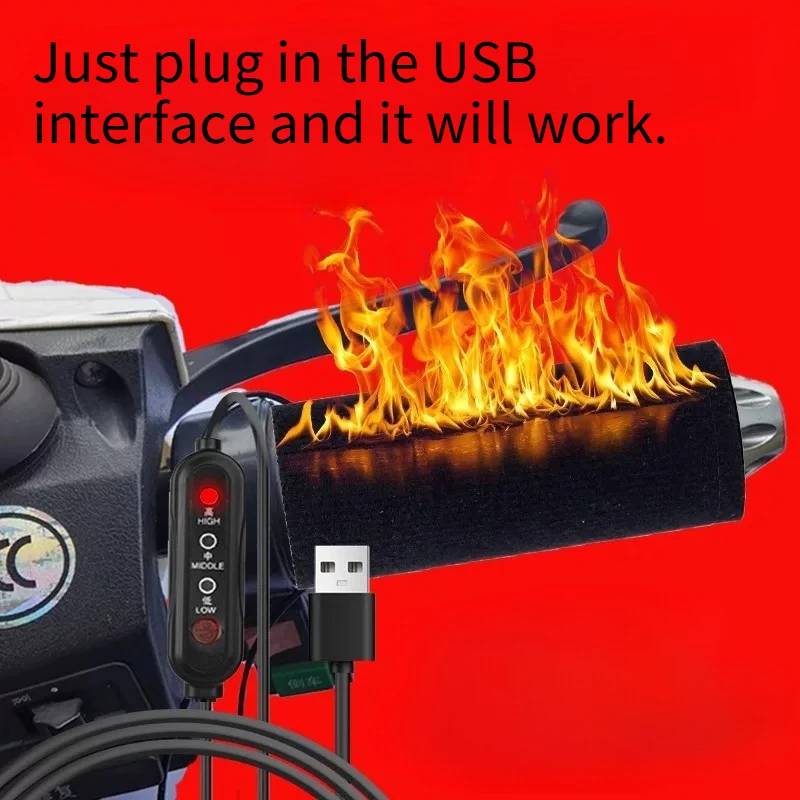 USB Heated Motorcycle Handlebar Grips Cover 3‑Level Temperature Control Fast Heating Magic Sticker Winter Warm Hand Warmer