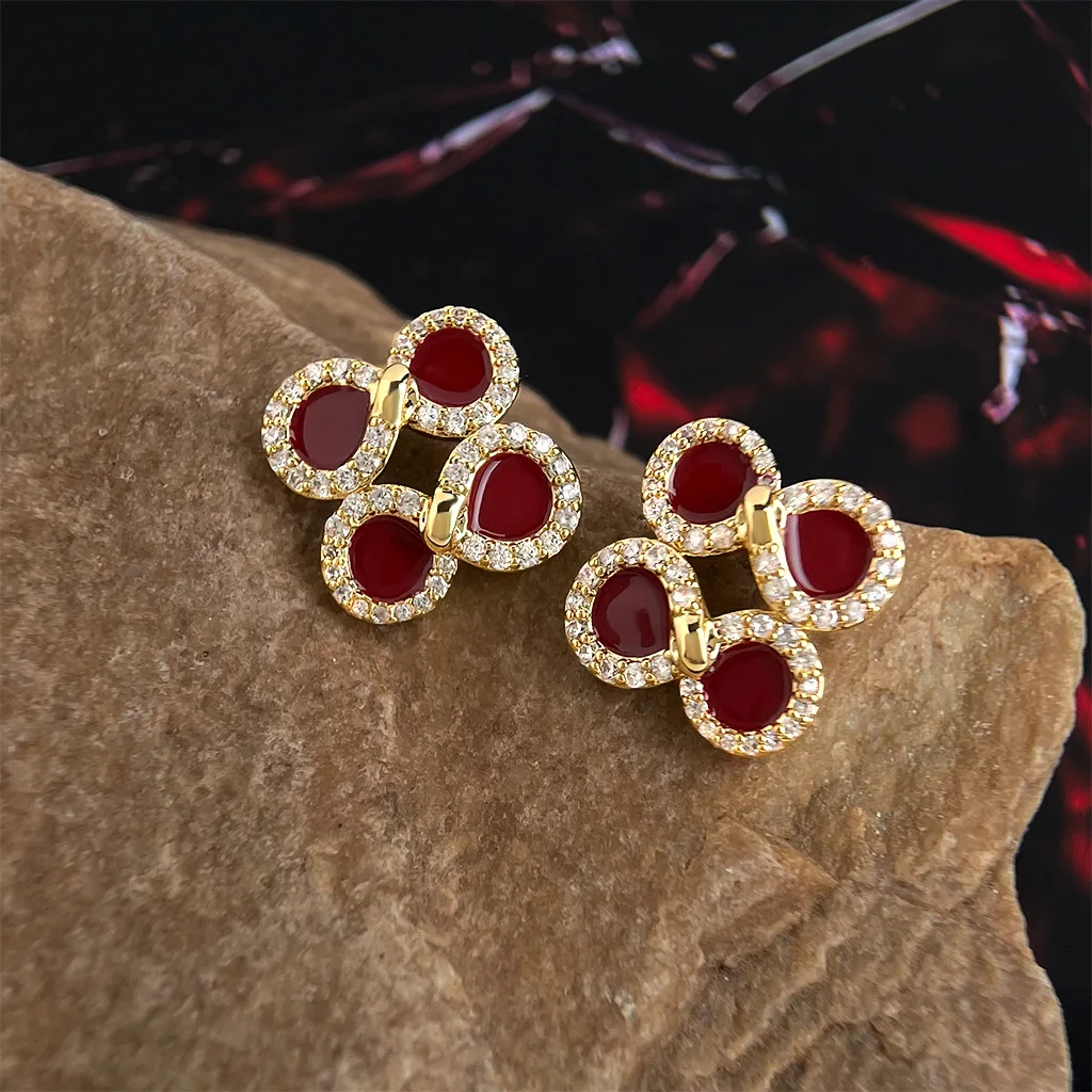

2025 New Vintage Drip Enamel Burgundy Zircon Earrings | Women's Copper Elegant Studs Original Design Daily Jewelry Gift