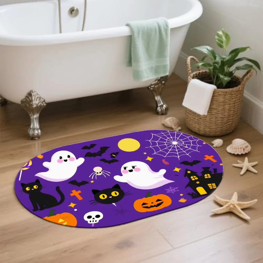 

VIKAMA Halloween Pumpkin Elf Pattern Water-Absorbent Wear-Resistant Bathroom Toilet Entrance Door Mat Home Decoration.