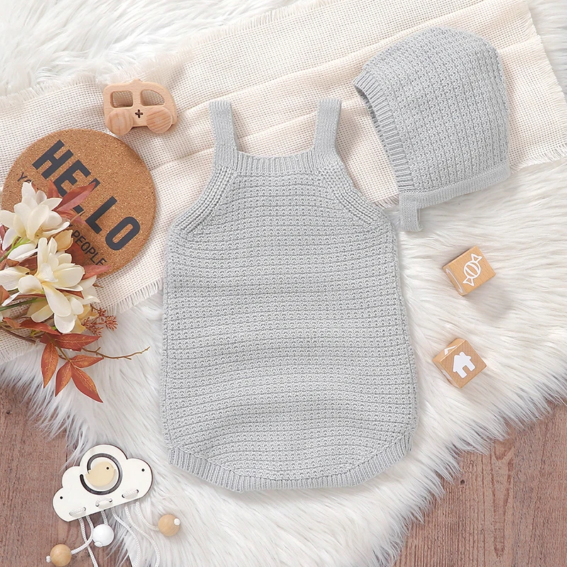 Newborn Baby Bodysuit Knit Infant Girl Boy Jumpsuit Sleeveless Summer Kid Clothes Hat 0-18M 2PC Romper Fashion Embroidery Letter