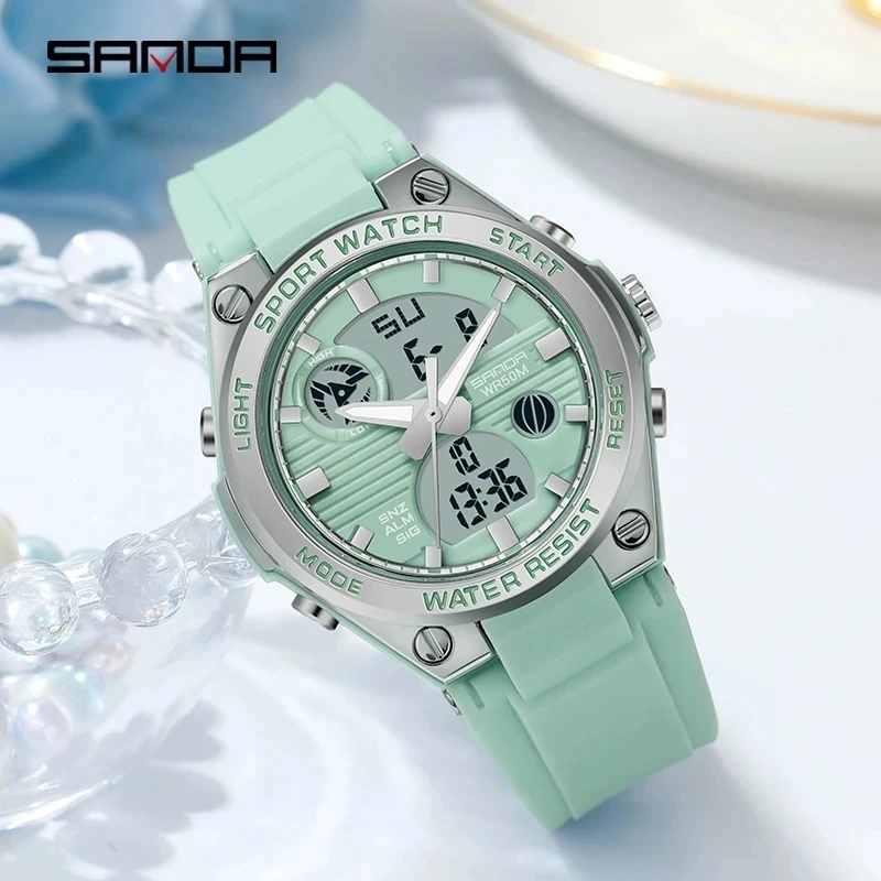 SANDA 6067 Digital Watch Women\'s Macaron Sport Chronograph Calendar Lady Quartz Wristwatch 50m Waterproof LED Electronic Clock