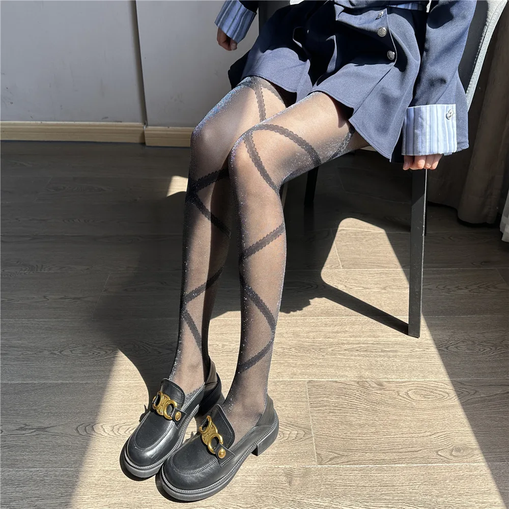 Fashion Individual Cross-Lace Striped Pattern Women's Pantyhose Shiny Reflective Silver Silk Lolita Hottie Rhombus Hosiery