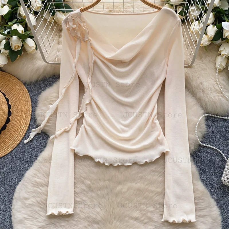 3D Flower Neckline Top Slim Off Shoulder T-Shirt Women Elegant Long Sleeve Thin Base Shirt Solid Color Under Shirt Sweet Tops
