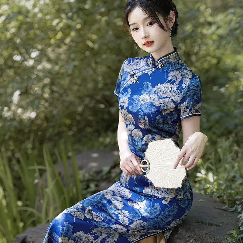 

2024 New Short Sleeve Long Cheongsams Floral Print Qipao Oriental Vintage Classical Vestidos Women's Satin Qipao Chinese Dress