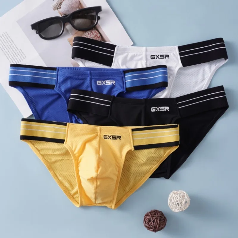 

Convex Pouch Underpants Men's Sexy Underwear Ice Silk Soft Briefs Threaded Male Low Waist Sports Hip Lifting Triangle Panties