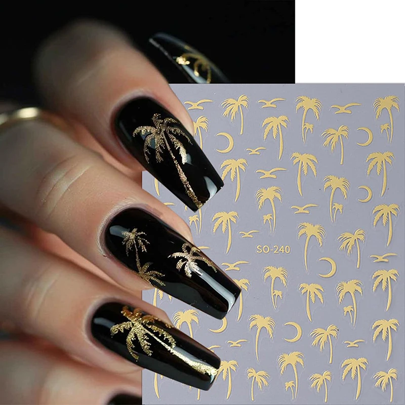 3D Schwarz Gold Kokospalme Nagel Aufkleber Laser Palm Blätter Blume Sliders Für Maniküre Sommer Strand Ozean Nagel Aufkleber Dekoration