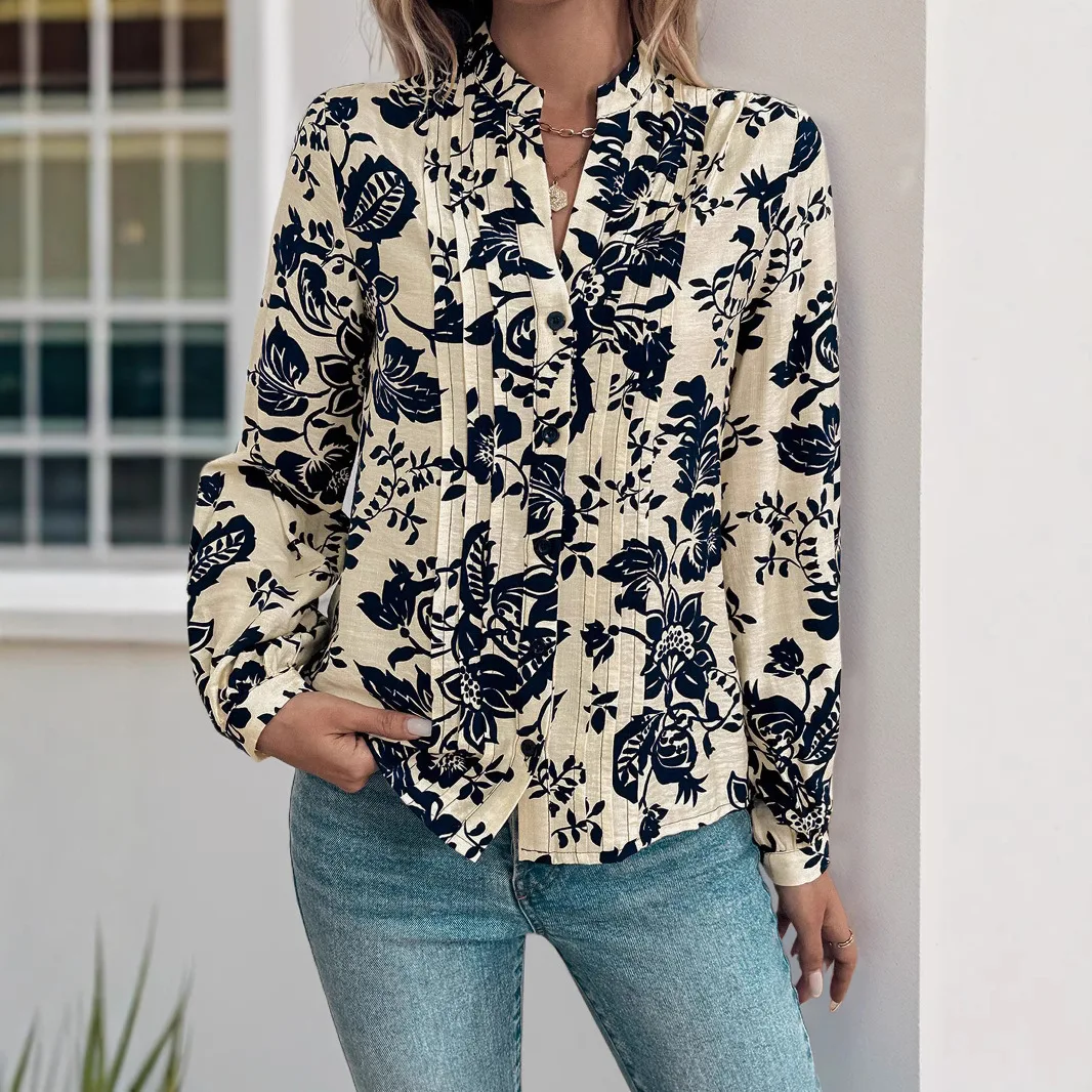 Chemisiers femmes chemise à manches longues hauts imprimé col montant Y2k Streetwear haut élégant épissure décontracté chemises de travail 2025 automne