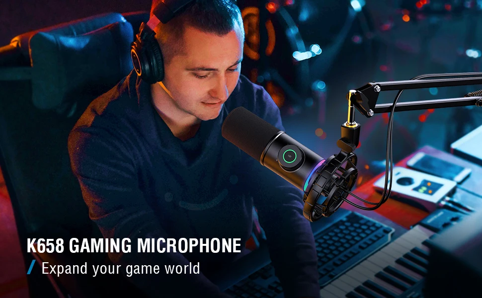 FIFINE Gaming-USB-Mikrofon für YouTube, dynamisches Podcast-Mikrofon mit RGB-Licht/Licht-Touch-Stummschaltung/Gain-Knopf für PC, Tablet, Aufnahme-K658 – Detail 1