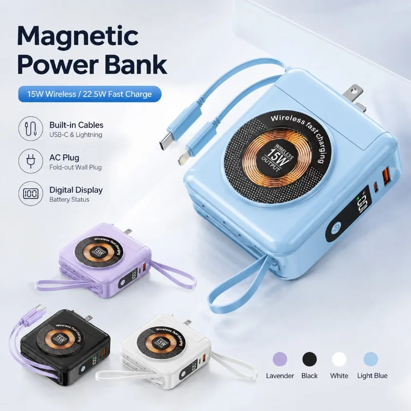20000mAh Magnetic Power Bank 15W Wireless Fast Charging PD20W with AC Plug Cable for IPhone Samsung Xiaomi Huawei
