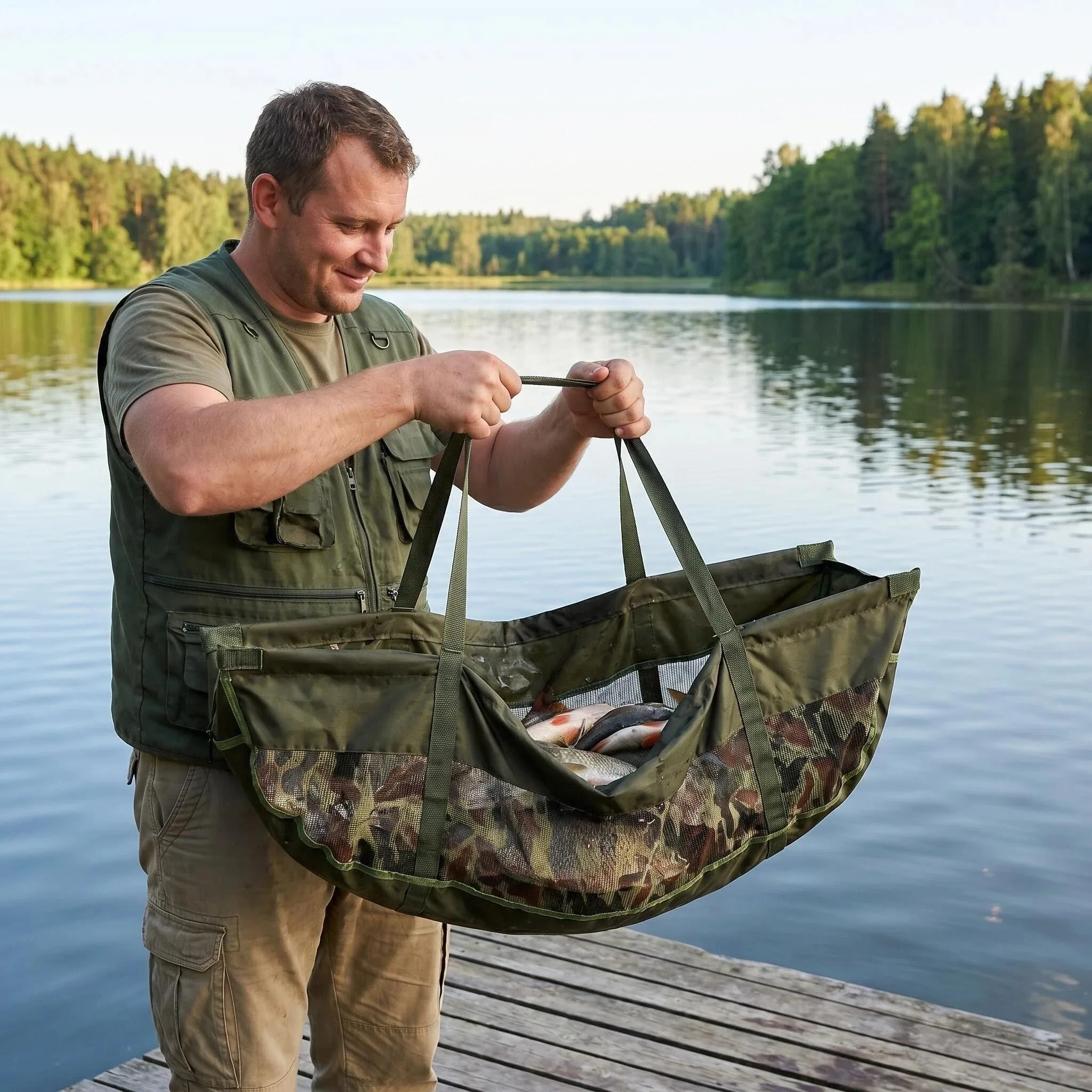 Bolsa de pesaje plegable para carpas con asa y malla camuflaje - imagen 4
