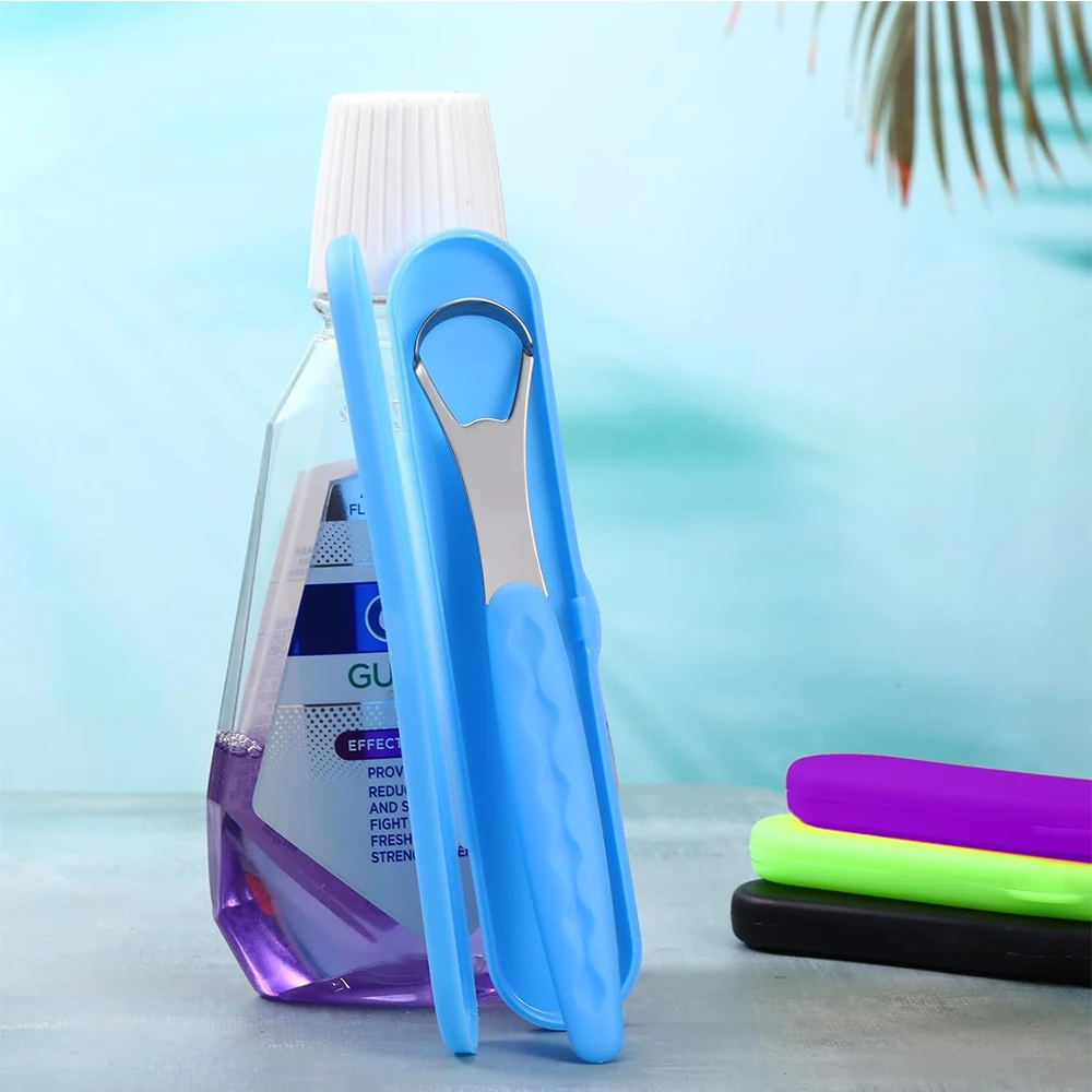 مكشطة اللسان مع حقيبة سفر محمولة من الفولاذ المقاوم للصدأ، منظف اللسان المعدني، العناية بصحة الفم، سهلة التنظيف، تقليل رائحة الفم الكريهة