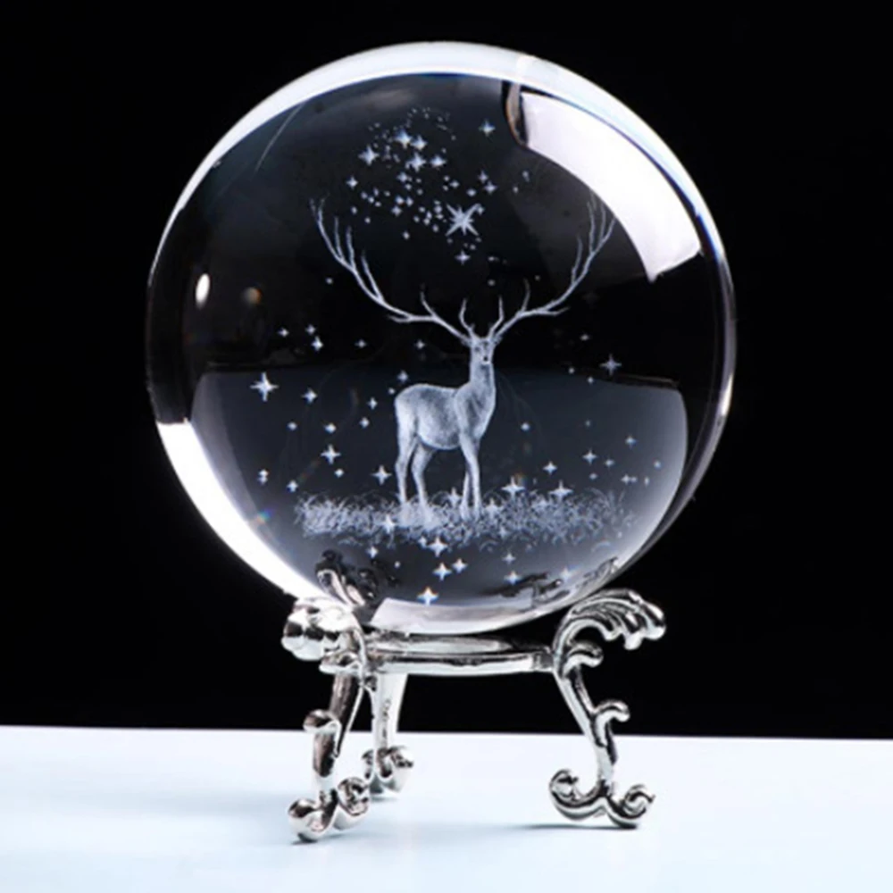 60mm 3D Laser Engraved Christmas Deer Crystal Ball with Silver Plated Trellis Home Art Decoration Birthday Christmas Gifts