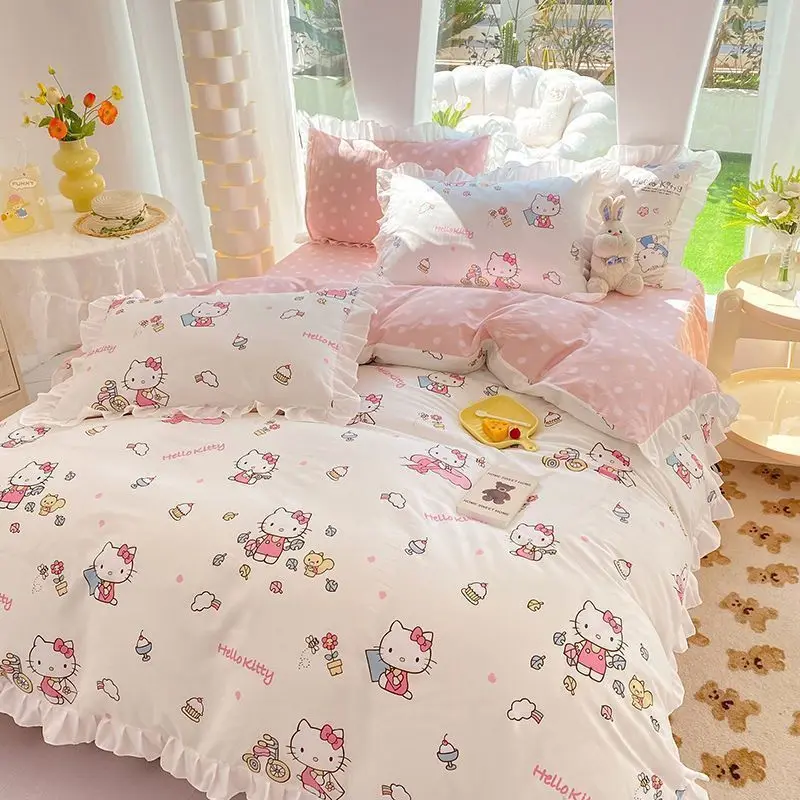 Hello Kitty pizzo cotone biancheria da letto 4 pezzi cartone animato Sanrio lenzuola copripiumino federa studente dormitorio 3 pezzi Set