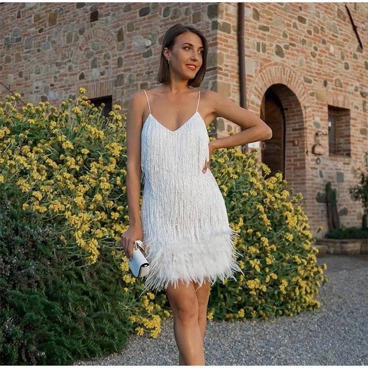 

Women Tassel Sequins Multi-Colored Party Sexy V-Neck Strap Sleeveless Feather Patchwork Dress Mini