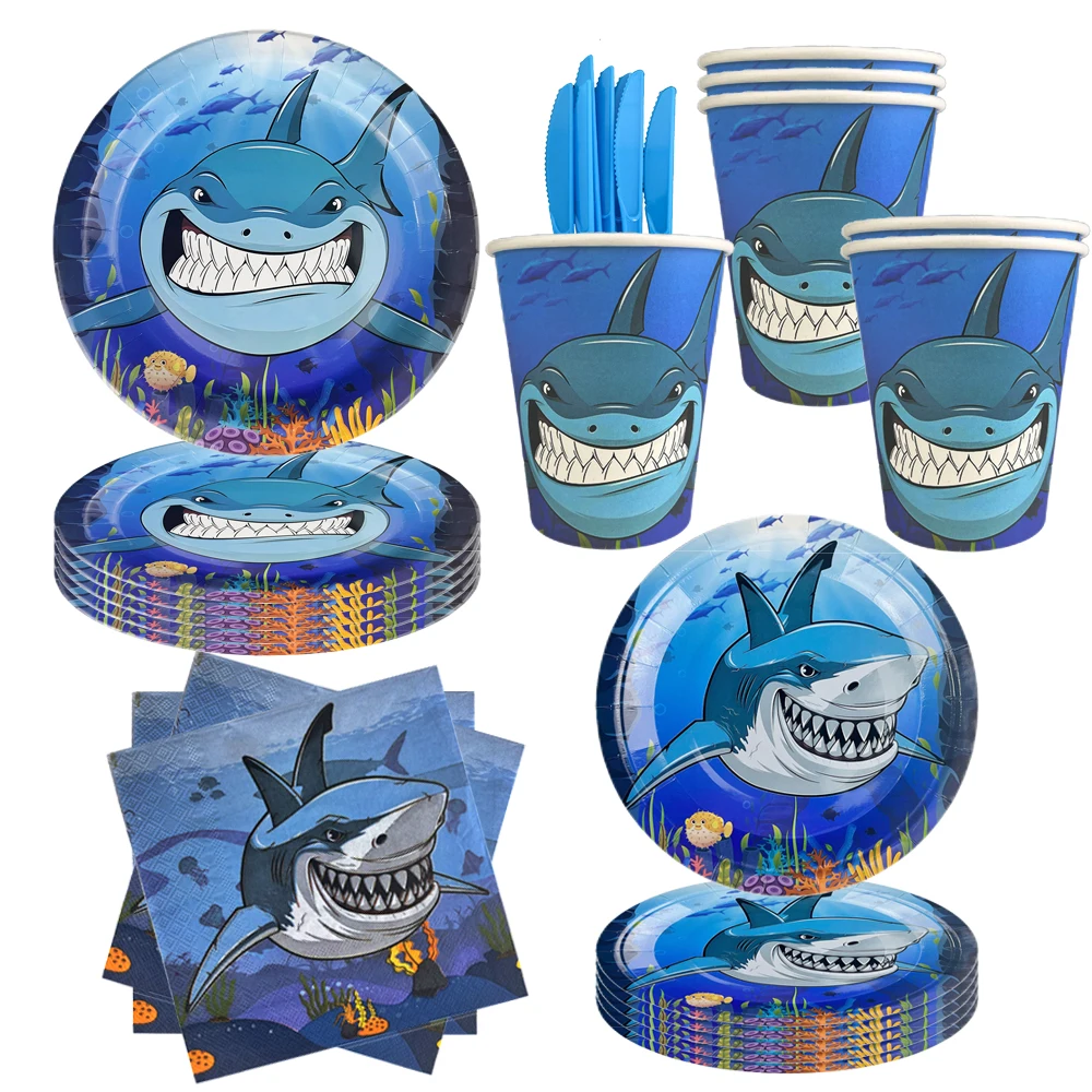 Marine Animal Themed Shark Pattern Disposable Tableware Plates Cups Napkins Kids Ocean Birthday Party Baby Shower Decor Supplies