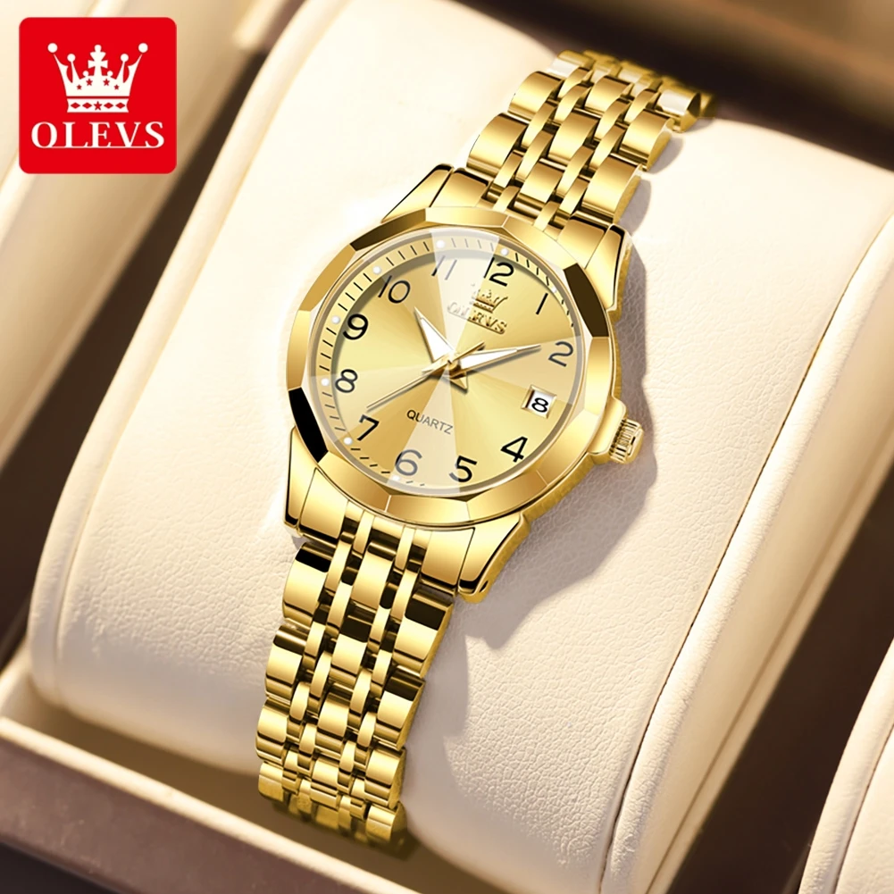 OLEVS 9970 Luxury Number Scale Quartz Watch For Women Rhombus Mirror Calendar Ladies Wristwatch Waterproof Luminous Dress Watch