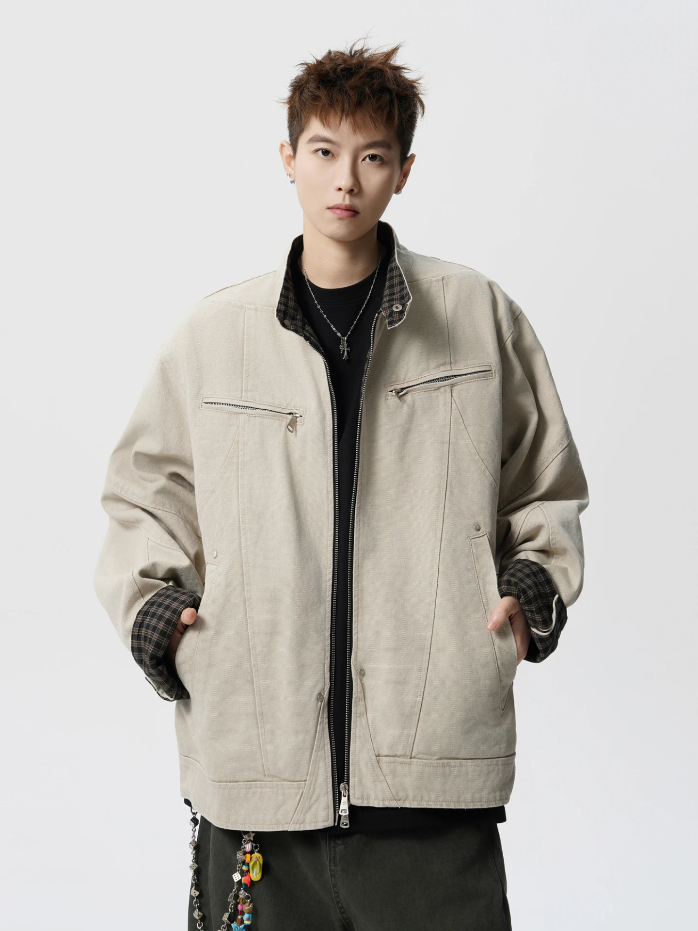 

Повседневная свободная рабочая одежда, джерт с воротником-стойкой и лоскутным дизайном для мужчин и женщин, универсальная верхняя одежда для отдыха в стиле ретро