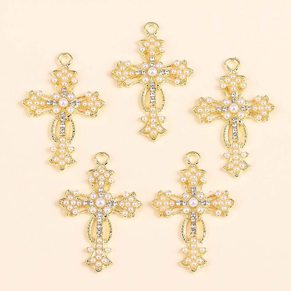 10Pcs Gold Color Alloy Pearl Cross Pendant Necklace For Women DIY Making Fashion Luxury Fine Chain Necklace Accessories Jewelry