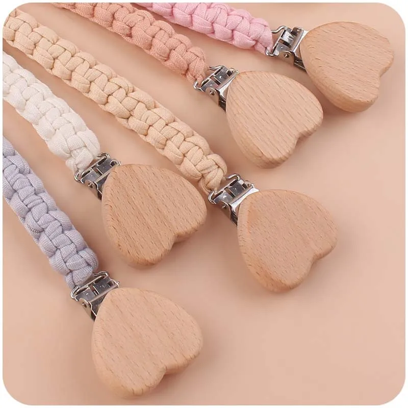 Baby Wooden Heart-shaped Pacifier Clip Infant Handmade Cotton Woven Pacifier Chain DIY Dummy Nipple Holder Infant Teething Toy