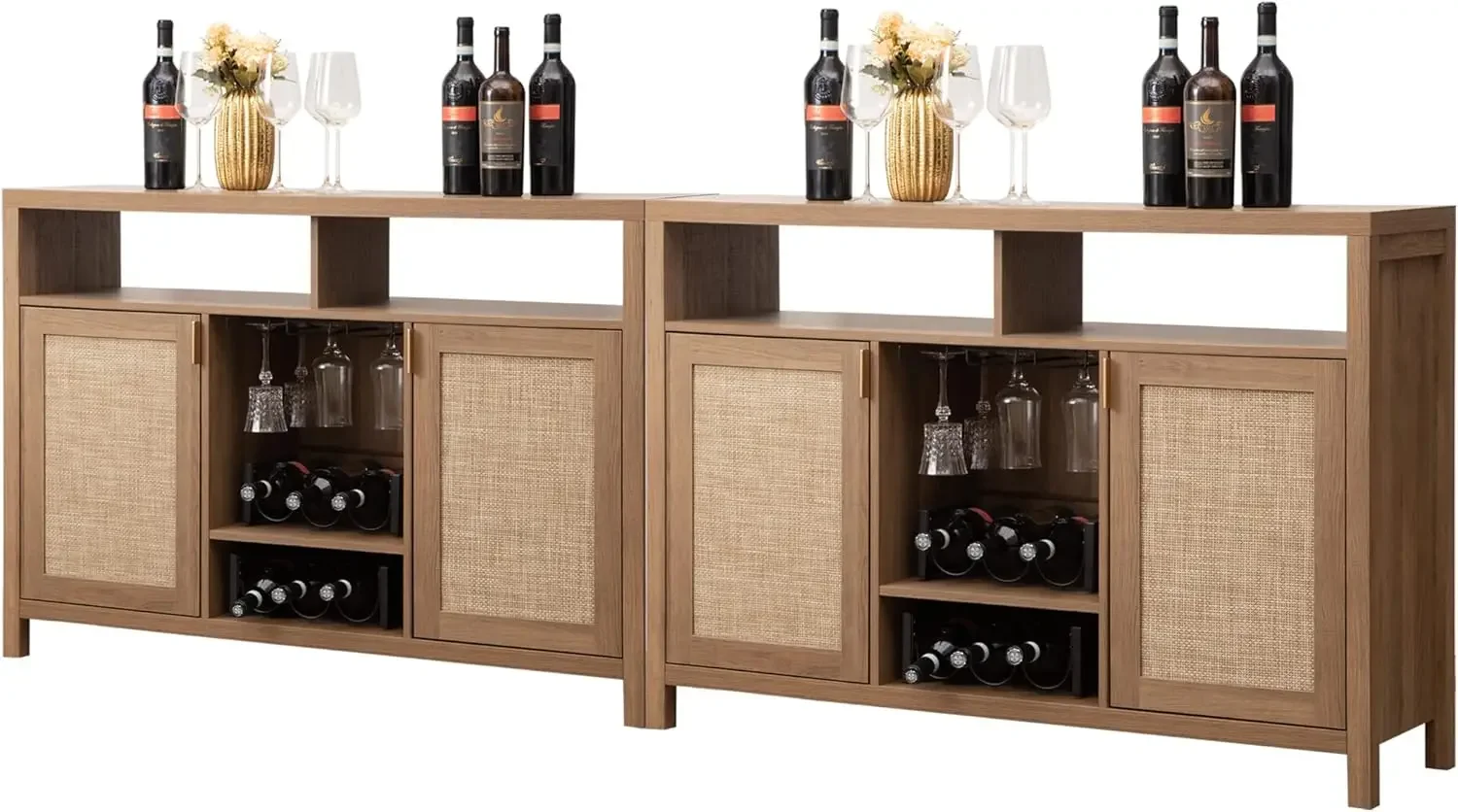 

Sicotas Rattan Coffee Bar Cabinet, 102"" Farmhouse Sideboard Buffet Cabinet With Storage, Boho Liquor Wine Cabinet Set Of 2