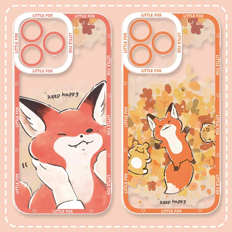 Cartoon Lovely little fox Case For iPhone 16 Pro Max 15 14 Plus 13 12 11 Pro XR XS X 8 7 SE 2020 Soft Silicone Clear Back Cover