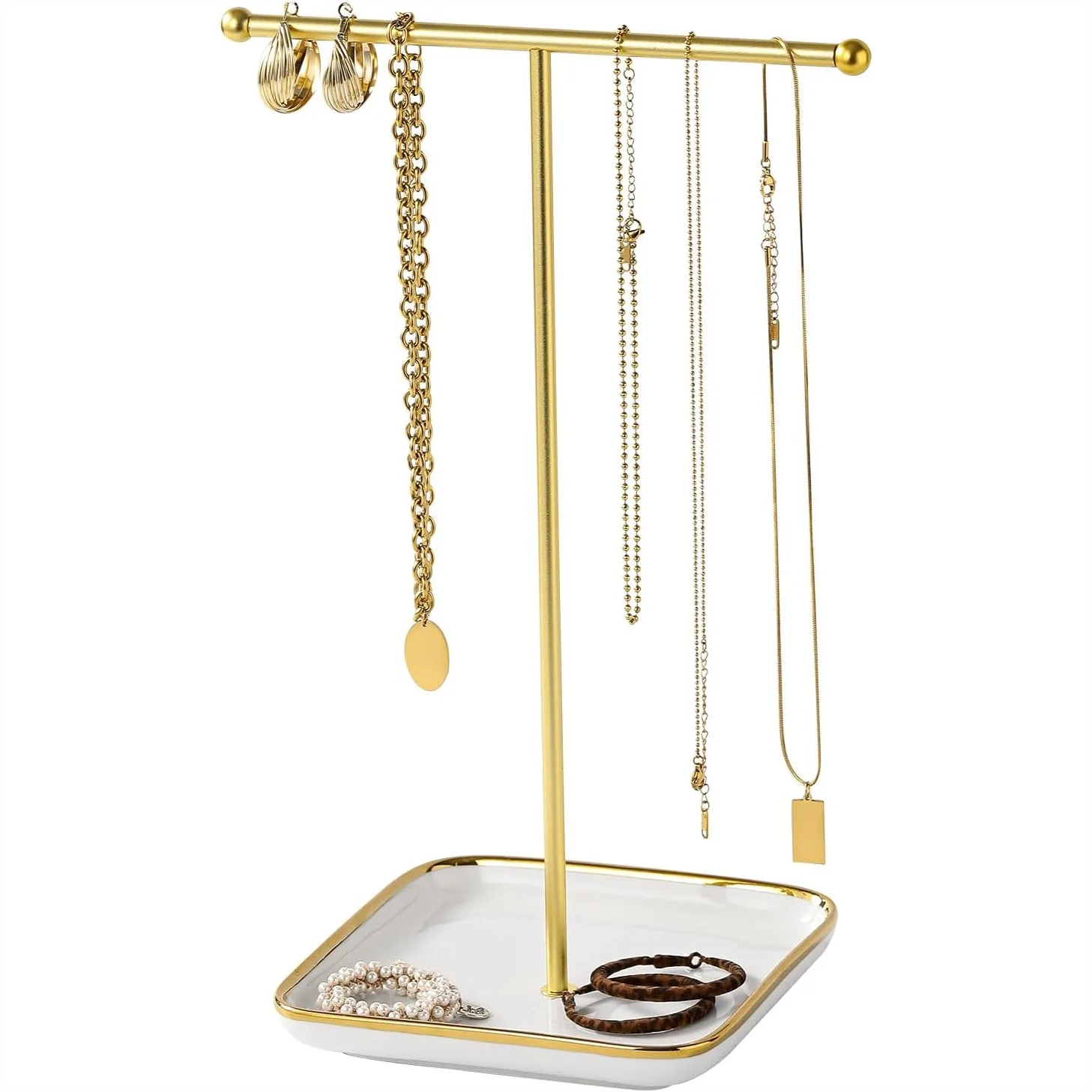 

Современная Т-образная подставка для украшений с золотистым металлическим каркасом и квадратным керамическим основанием, элегантная демонстрационная витрина для хранения ожерелий, браслетов и колец