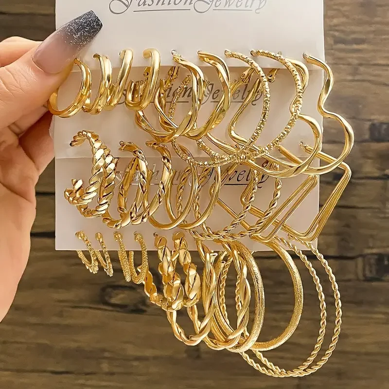 16 Pairs Set Of Hoop Earrings Twisted Love Heart Geometric Square Design Jewelry Elegant Simple Style Big Set Gift For Women New