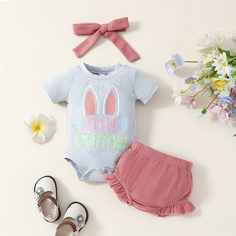 

2023-12-07 Lioraitiin Newborn Baby Girl Easter Outfit Short Sleeve Bunny Romper Elastic Waist Shorts Headband Summer Clothes