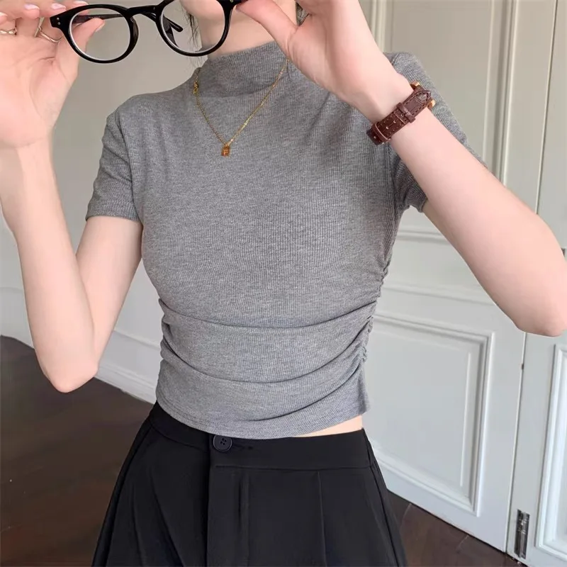 تي شيرت أنيق بياقة عالية ort Sve Base irt للسيدات أنيق بطول ort Ele تي شيرت كوري Sle Commute Wind Summ...